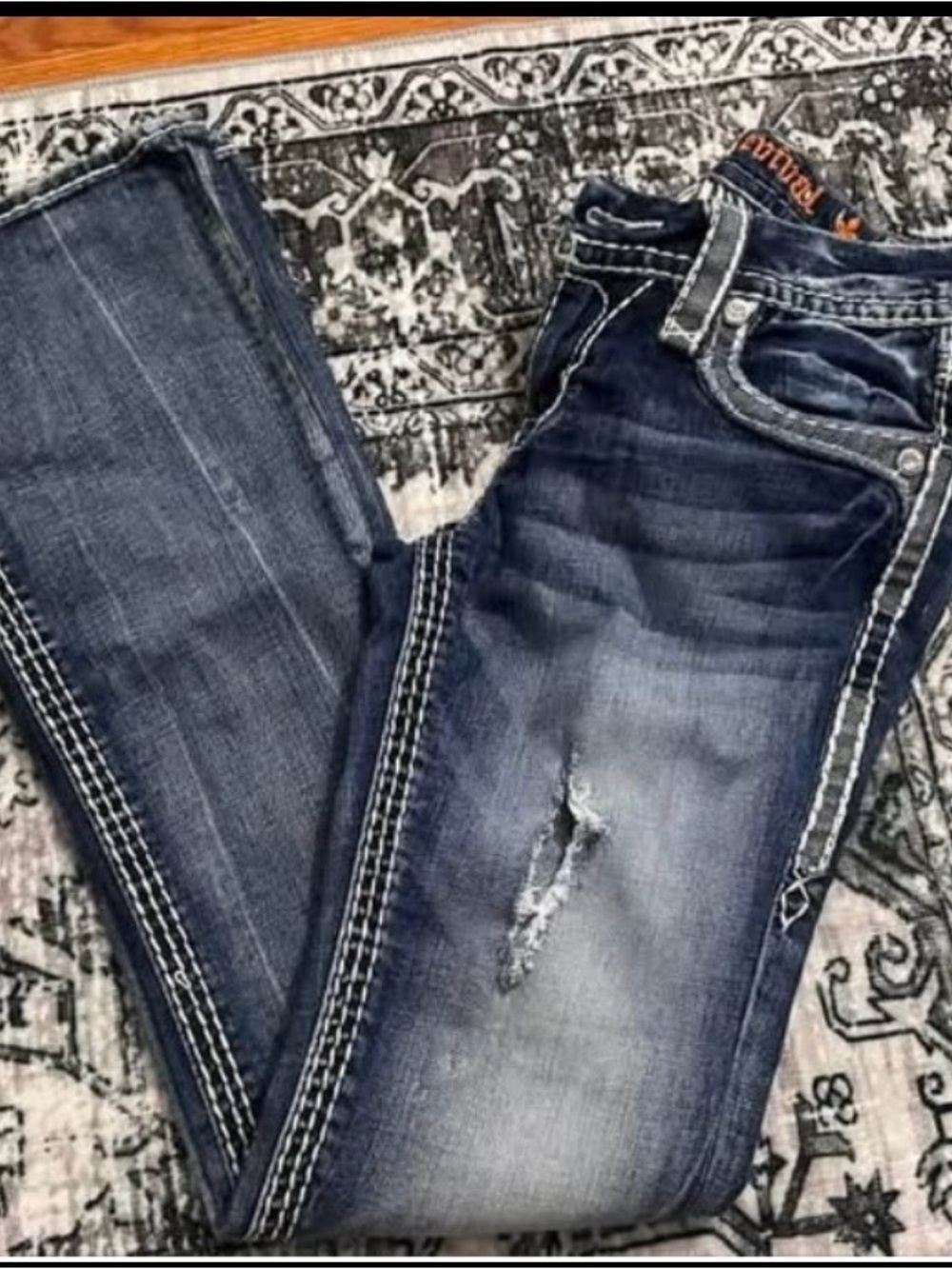 Rock Revival Women's Dark Blue Boot Cut Jeans with Distressed Detail
